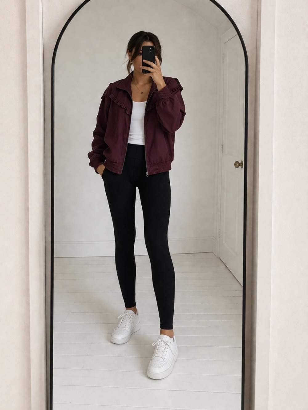 Treasure & Bond Burgundy Wine Ruffle Bomber Jacket Moto Zip Up Fall Outerwear